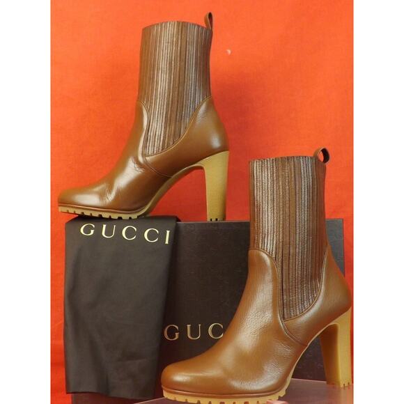 NIB GUCCI 323551 EDITH CUIR BROWN LUXOR LEATHER ELASTICIZED ANKLE BOOTS 39.5 - Picture 9 of 12